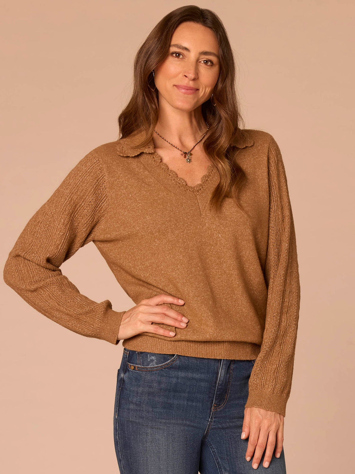 Democracy Clothing Long Sleeve Collar V-Neck Crochet Scallop Sweater - Fig Jam|Saddle|Ecru