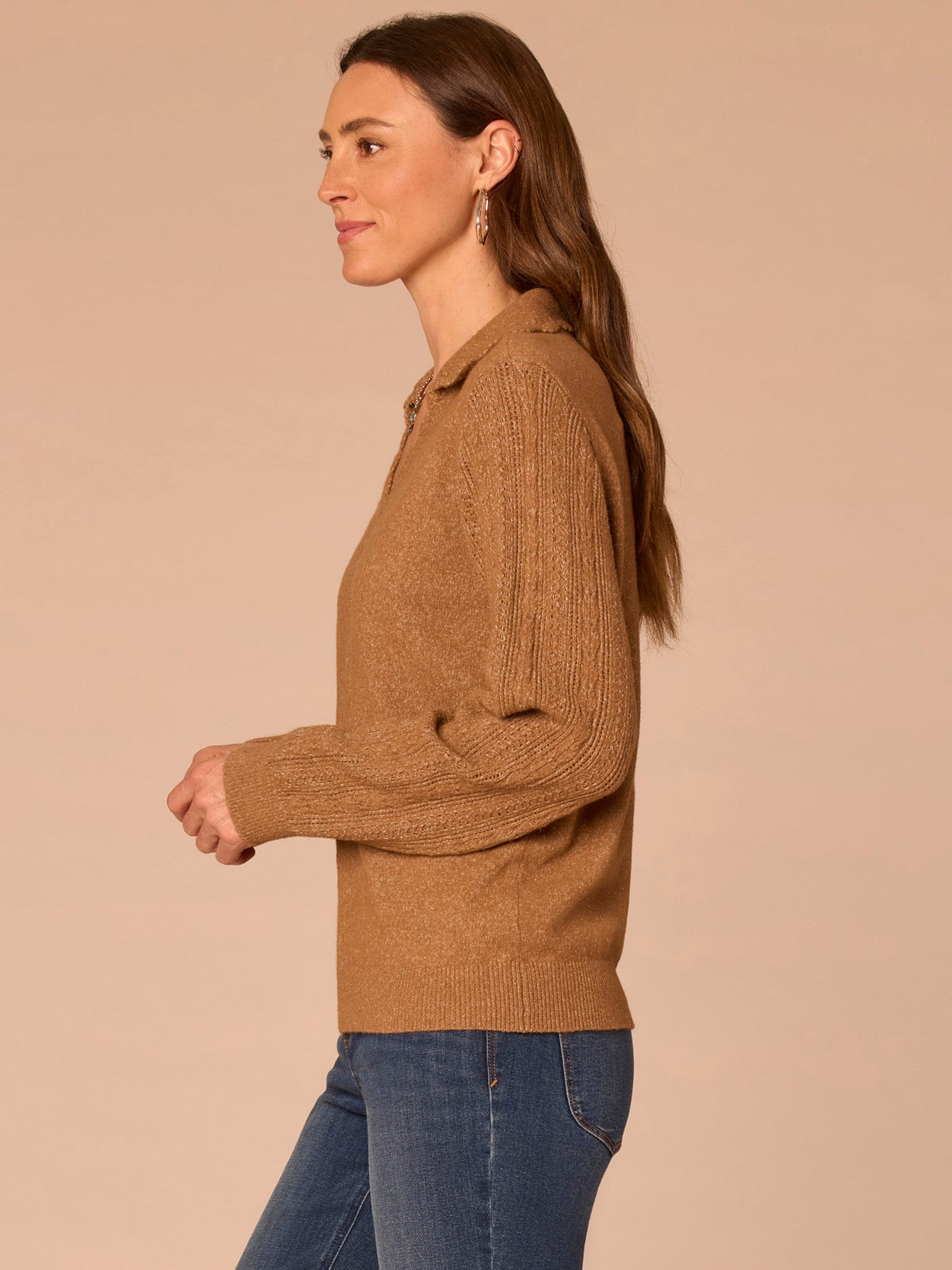 Democracy Clothing Long Sleeve Collar V-Neck Crochet Scallop Sweater - Fig Jam|Saddle|Ecru