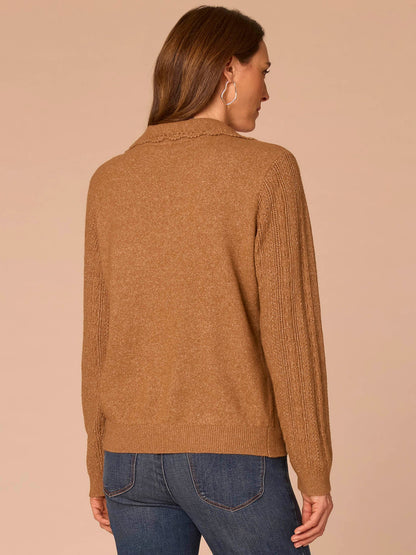 Democracy Clothing Long Sleeve Collar V-Neck Crochet Scallop Sweater - Fig Jam|Saddle|Ecru