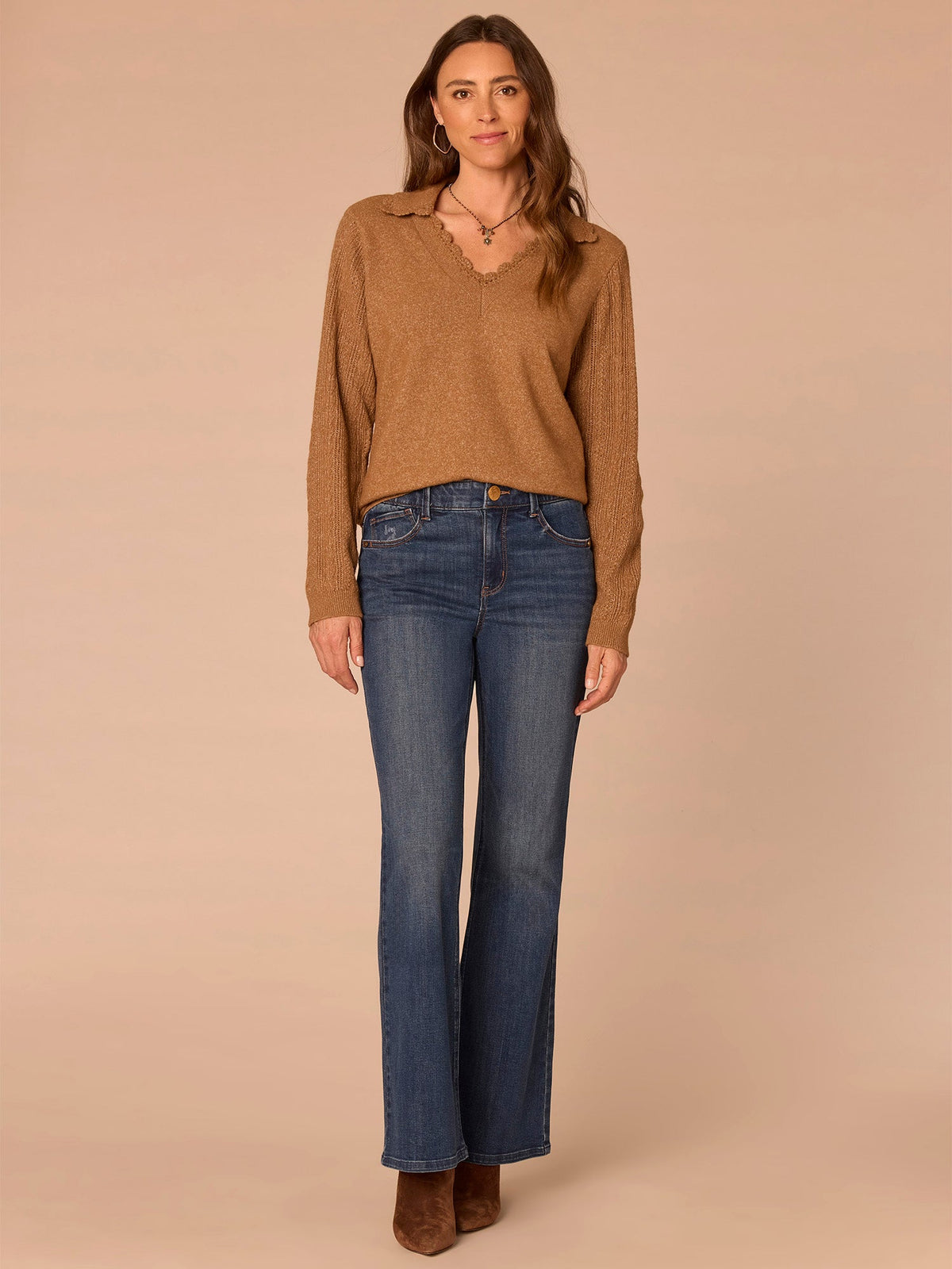Democracy Clothing Long Sleeve Collar V-Neck Crochet Scallop Sweater - Fig Jam|Saddle|Ecru