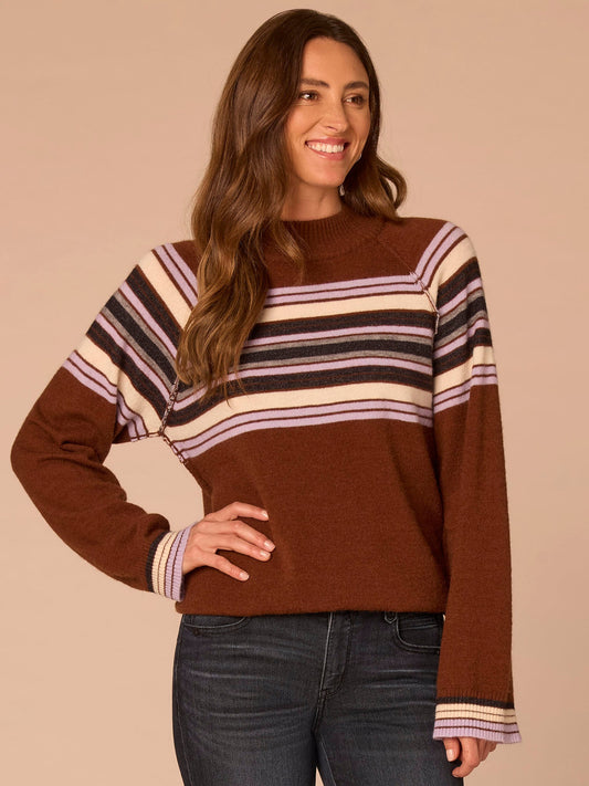 Democracy Clothing Long Cuffed Sleeve Mock Neck Bubble Hem Placement Stripe Sweater - Brown Lavender Multi|Charcoal Lavender Multi