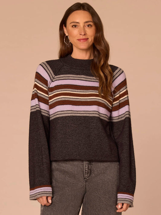 Democracy Clothing Long Cuffed Sleeve Mock Neck Bubble Hem Striped Petite Sweater - Charcoal Lavender Multi