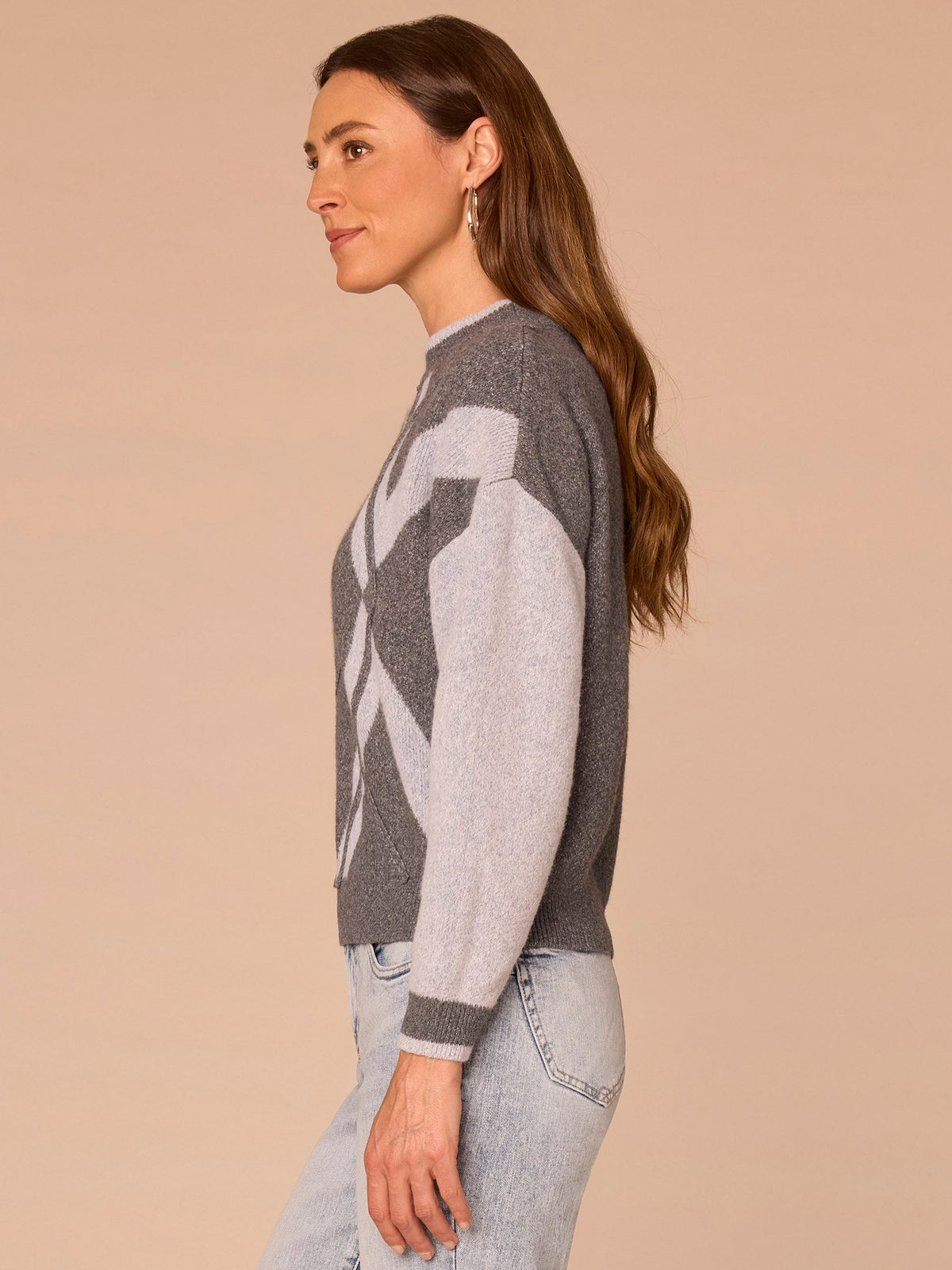 Democracy Clothing Long Drop Shoulder Sleeve Mock Neck Banded Hem Argyle Sweater - Navy Light Blue|Charcoal Heather Grey