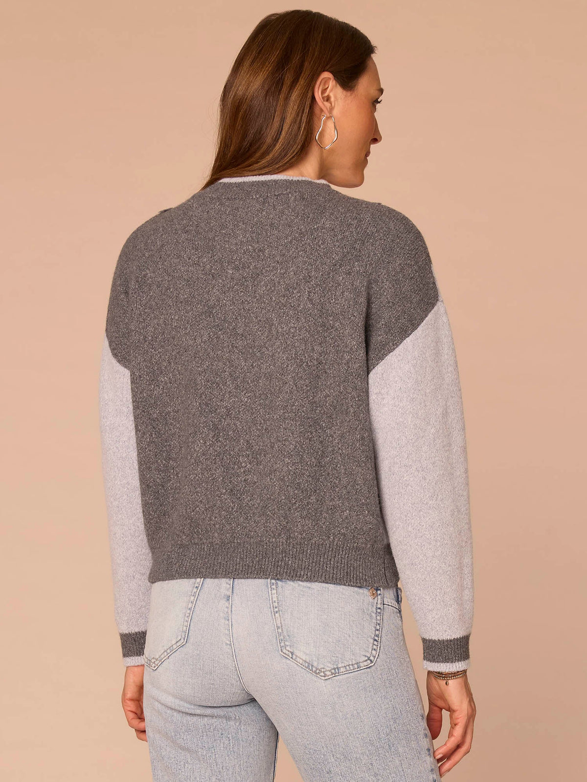 Democracy Clothing Long Drop Shoulder Sleeve Mock Neck Banded Hem Argyle Sweater - Navy Light Blue|Charcoal Heather Grey