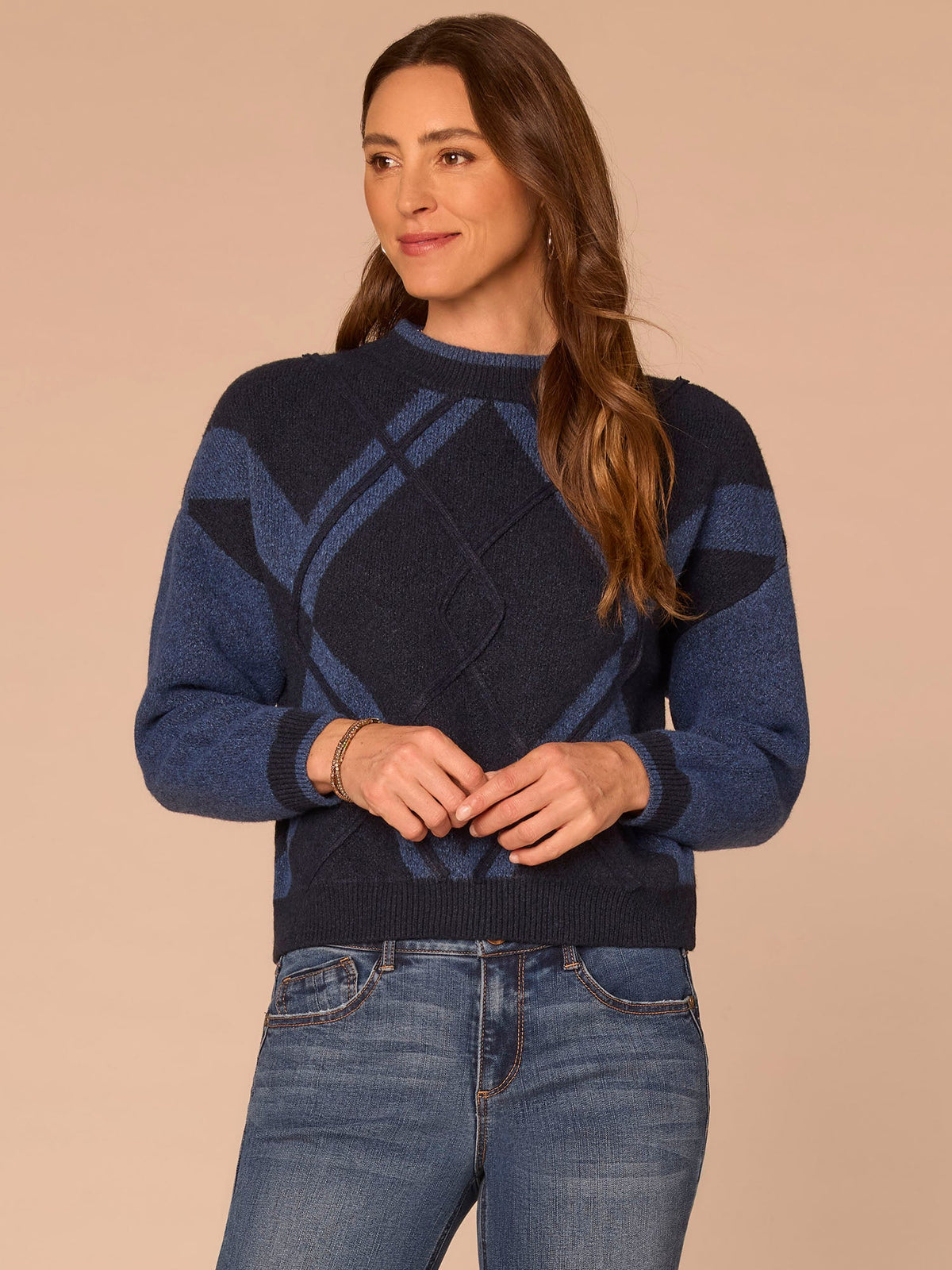Democracy Clothing Long Drop Shoulder Sleeve Mock Neck Banded Hem Argyle Sweater - Navy Light Blue|Charcoal Heather Grey