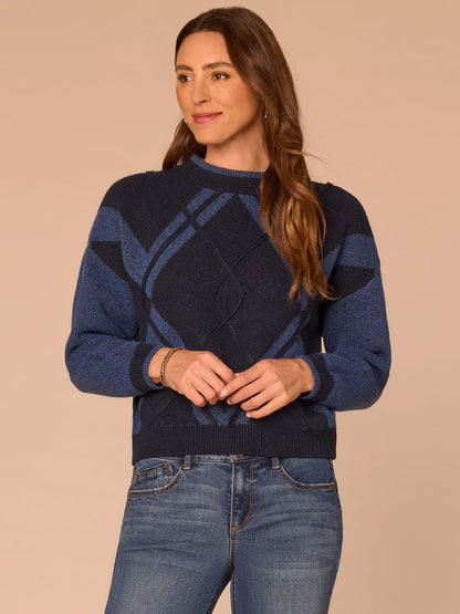 Democracy Clothing Long Drop Shoulder Sleeve Mock Neck Banded Hem Argyle Sweater - Navy Light Blue|Charcoal Heather Grey