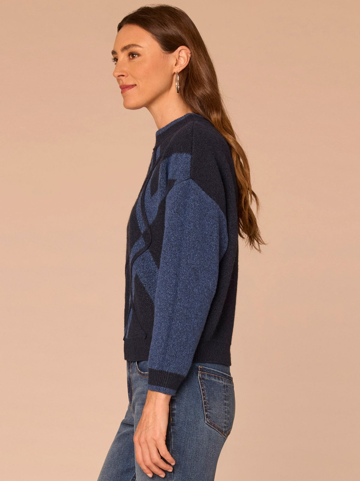 Democracy Clothing Long Drop Shoulder Sleeve Mock Neck Banded Hem Argyle Sweater - Navy Light Blue|Charcoal Heather Grey