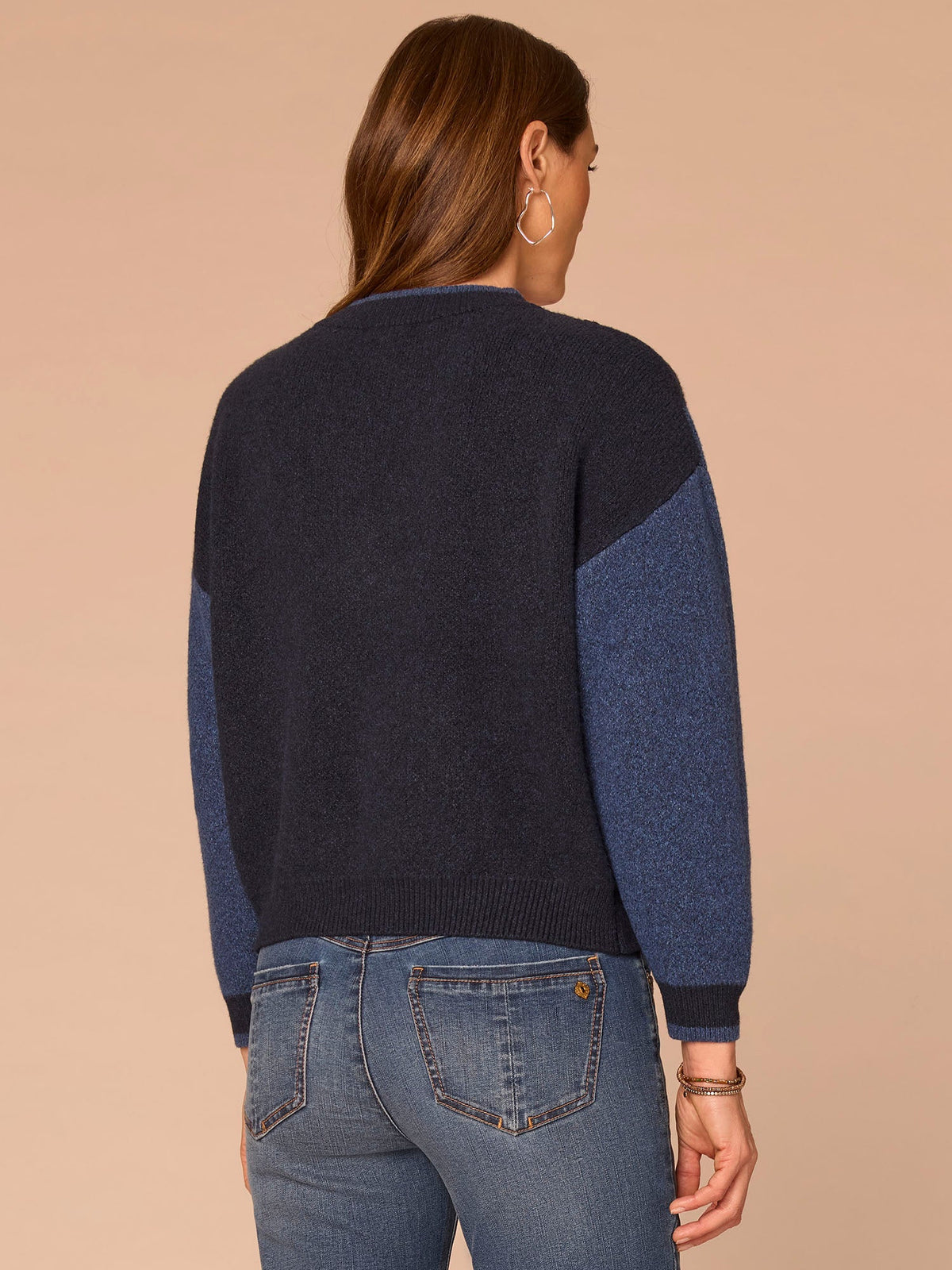 Democracy Clothing Long Drop Shoulder Sleeve Mock Neck Banded Hem Argyle Sweater - Navy Light Blue|Charcoal Heather Grey