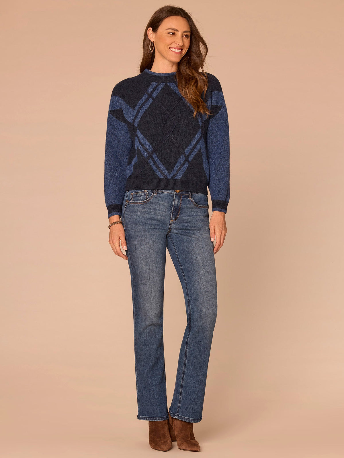 Democracy Clothing Long Drop Shoulder Sleeve Mock Neck Banded Hem Argyle Sweater - Navy Light Blue|Charcoal Heather Grey