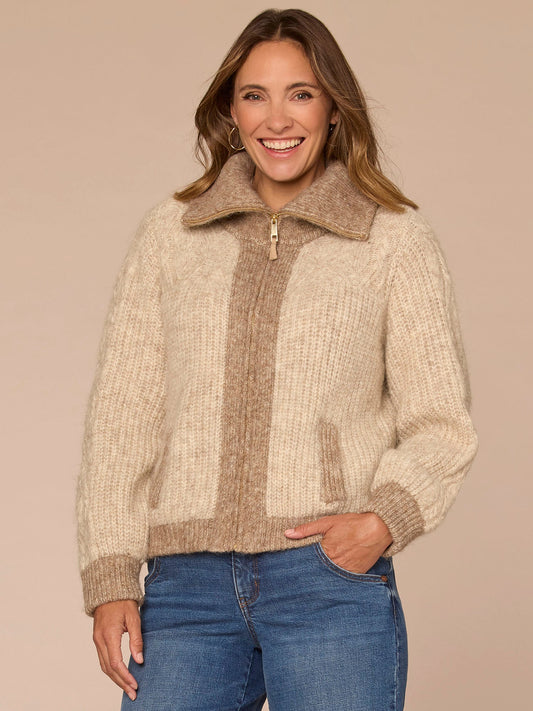 Democracy Clothing Long Sleeve Wide Collar Color Block Zip Front Petite Sweater Jacket - Heather Oatmeal