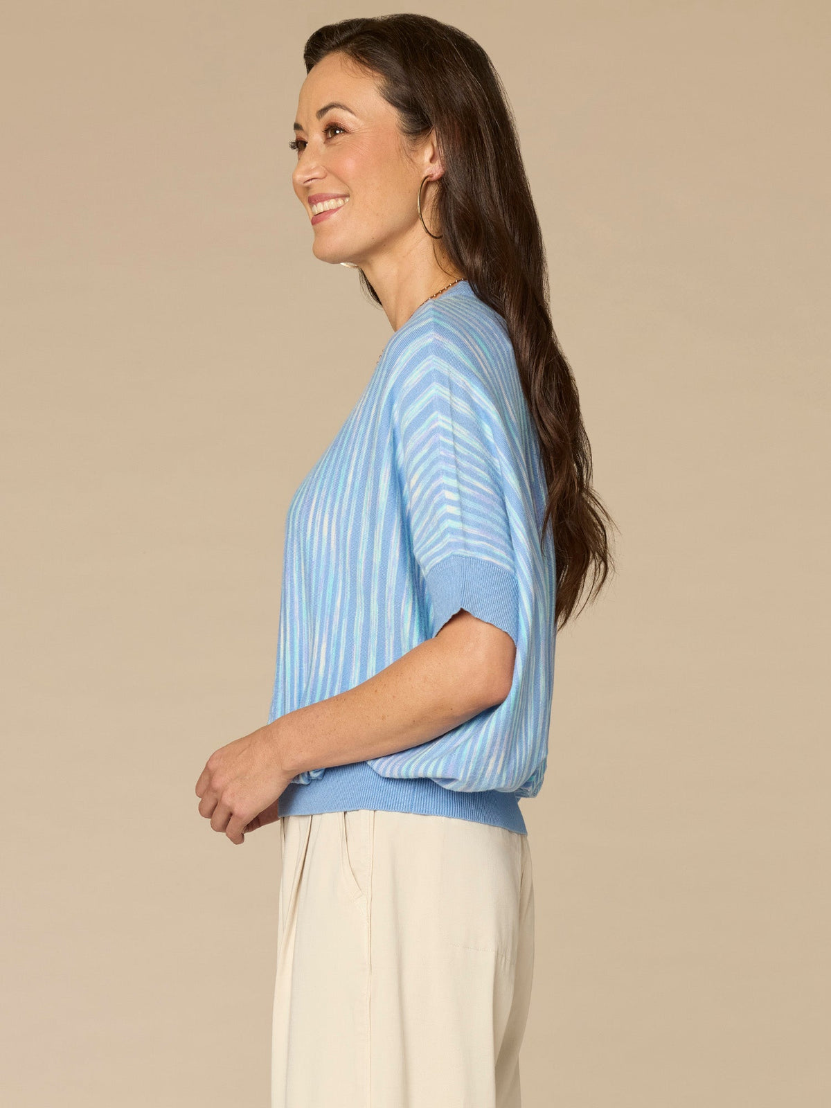 Democracy Clothing Short Dolman Sleeve Double Round Neck Two Tone Space Dye Sweater - Blue Lavender Stripe Multi