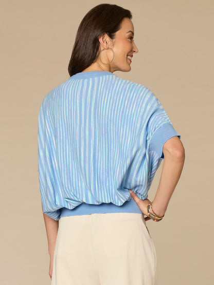 Democracy Clothing Short Dolman Sleeve Double Round Neck Two Tone Space Dye Sweater - Blue Lavender Stripe Multi