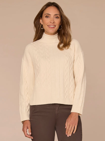 Democracy Clothing Long Sleeve Mock Neck Patchwork Cable Stitch Petite Sweater - Blanched Almond|Mystic Mauve|Mauve Shadows