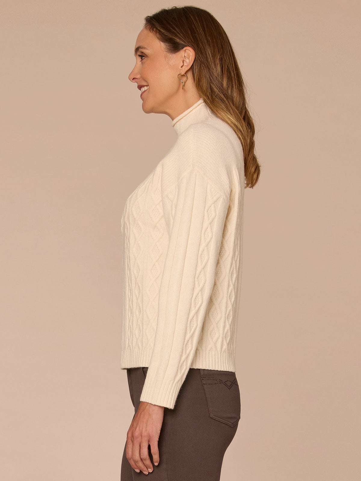 Democracy Clothing Long Sleeve Mock Neck Patchwork Cable Stitch Petite Sweater - Blanched Almond|Mystic Mauve|Mauve Shadows