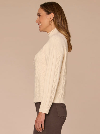 Democracy Clothing Long Sleeve Mock Neck Patchwork Cable Stitch Petite Sweater - Blanched Almond|Mystic Mauve|Mauve Shadows