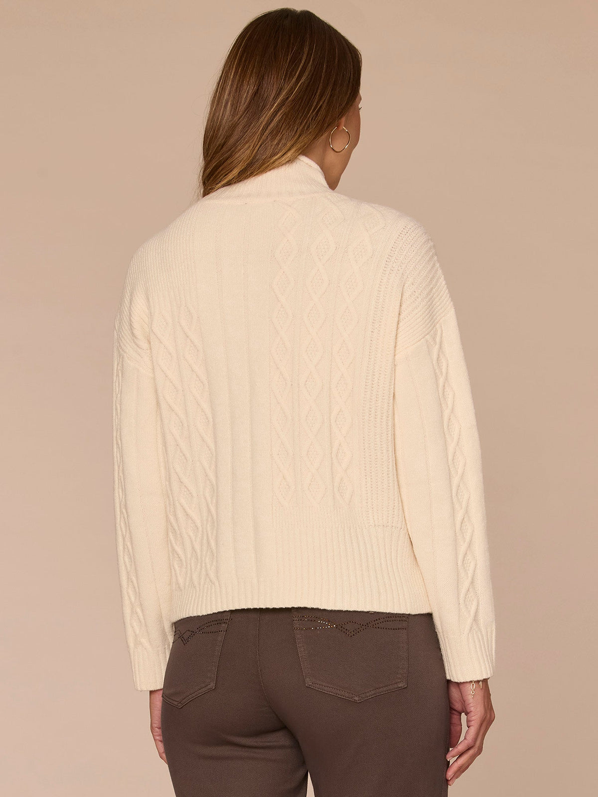Democracy Clothing Long Sleeve Mock Neck Patchwork Cable Stitch Petite Sweater - Blanched Almond|Mystic Mauve|Mauve Shadows