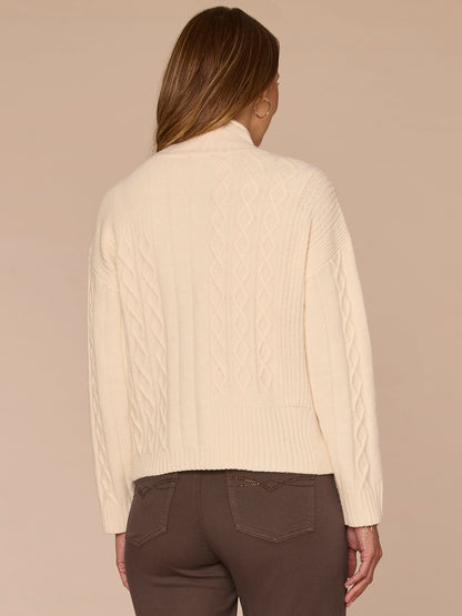 Democracy Clothing Long Sleeve Mock Neck Patchwork Cable Stitch Petite Sweater - Blanched Almond|Mystic Mauve|Mauve Shadows
