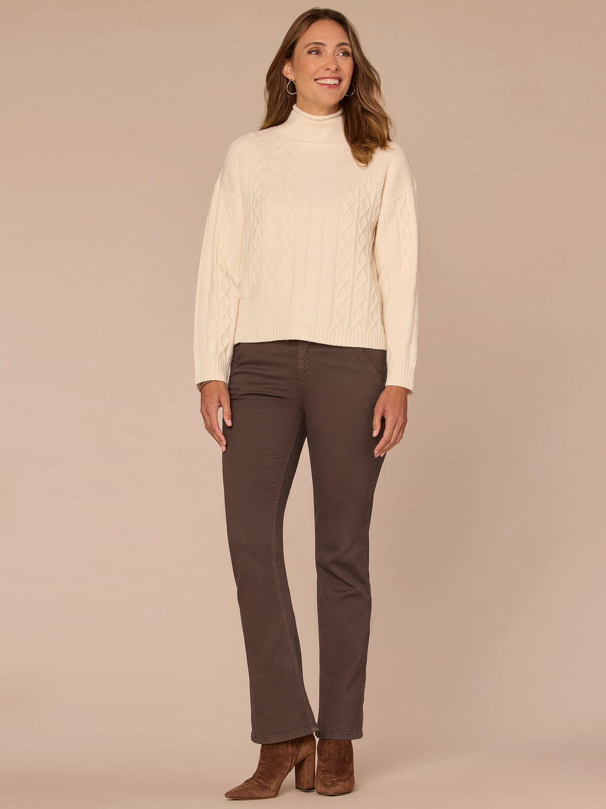 Democracy Clothing Long Sleeve Mock Neck Patchwork Cable Stitch Petite Sweater - Blanched Almond|Mystic Mauve|Mauve Shadows
