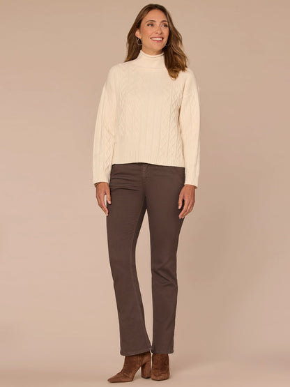 Democracy Clothing Long Sleeve Mock Neck Patchwork Cable Stitch Petite Sweater - Blanched Almond|Mystic Mauve|Mauve Shadows