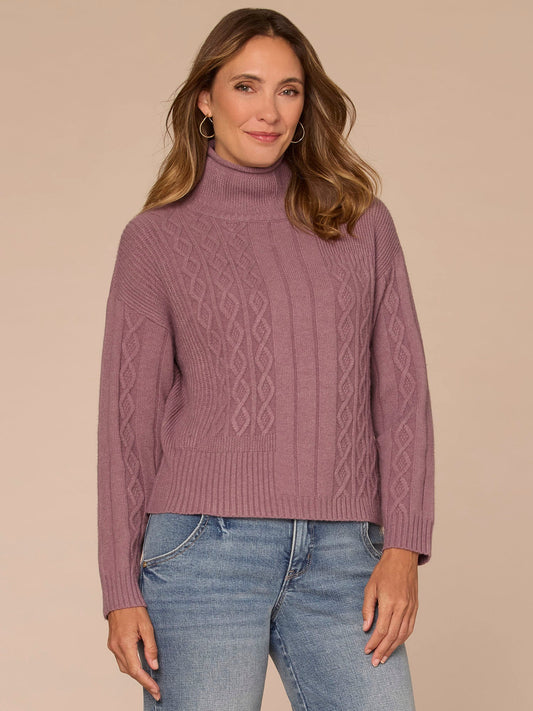 Democracy Clothing Long Sleeve Mock Neck Patchwork Cable Stitch Sweater - Mauve Shadows|Blanched Almond|Mystic Mauve