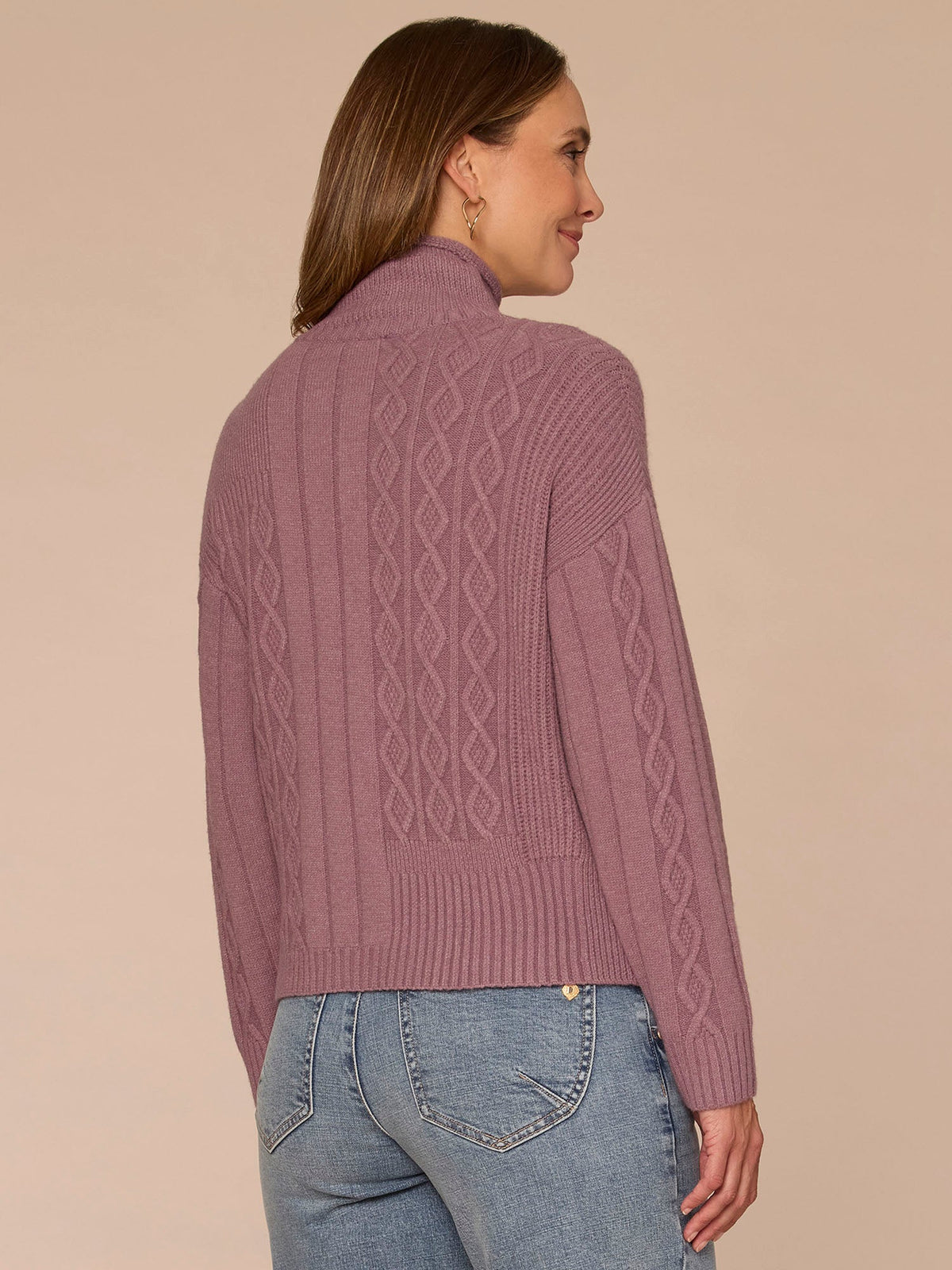 Democracy Clothing Long Sleeve Mock Neck Patchwork Cable Stitch Petite Sweater - Blanched Almond|Mystic Mauve|Mauve Shadows