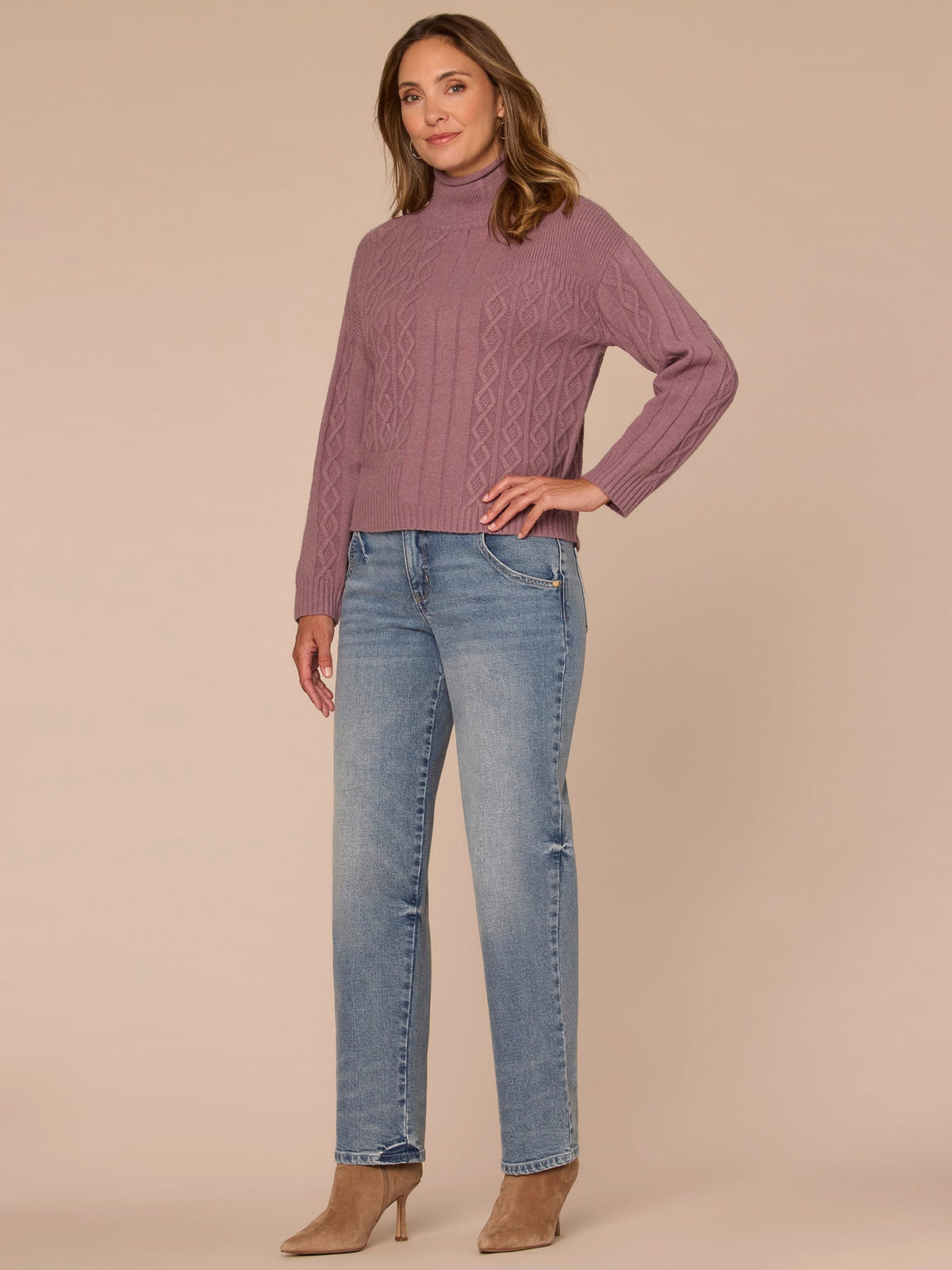 Democracy Clothing Long Sleeve Mock Neck Patchwork Cable Stitch Petite Sweater - Blanched Almond|Mystic Mauve|Mauve Shadows