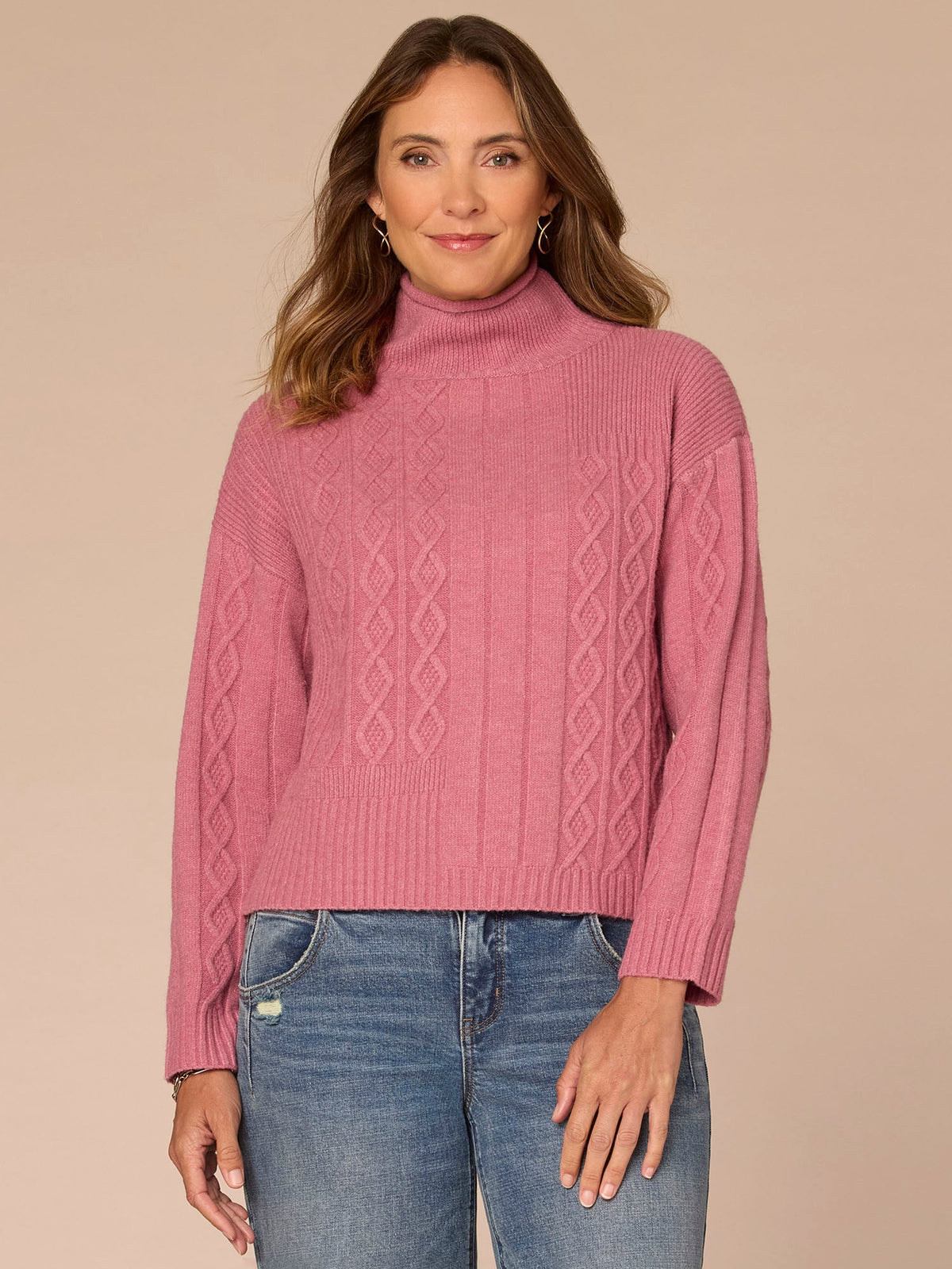 Democracy Clothing Long Sleeve Mock Neck Patchwork Cable Stitch Petite Sweater - Blanched Almond|Mystic Mauve|Mauve Shadows