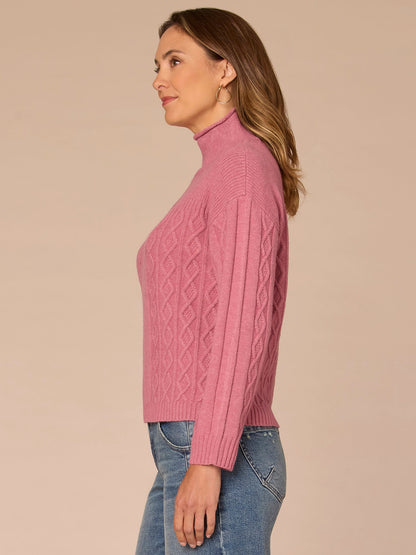 Democracy Clothing Long Sleeve Mock Neck Patchwork Cable Stitch Petite Sweater - Blanched Almond|Mystic Mauve|Mauve Shadows