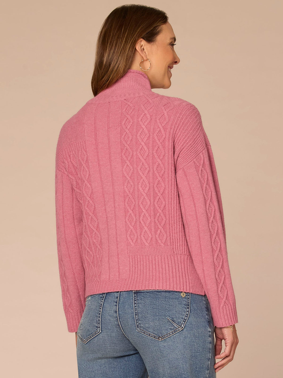 Democracy Clothing Long Sleeve Mock Neck Patchwork Cable Stitch Petite Sweater - Blanched Almond|Mystic Mauve|Mauve Shadows