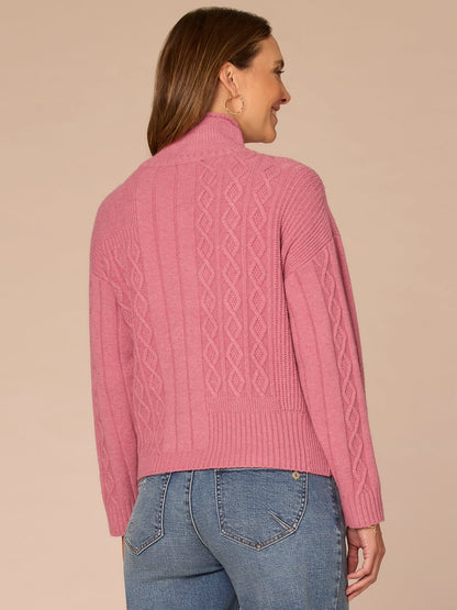 Democracy Clothing Long Sleeve Mock Neck Patchwork Cable Stitch Petite Sweater - Blanched Almond|Mystic Mauve|Mauve Shadows
