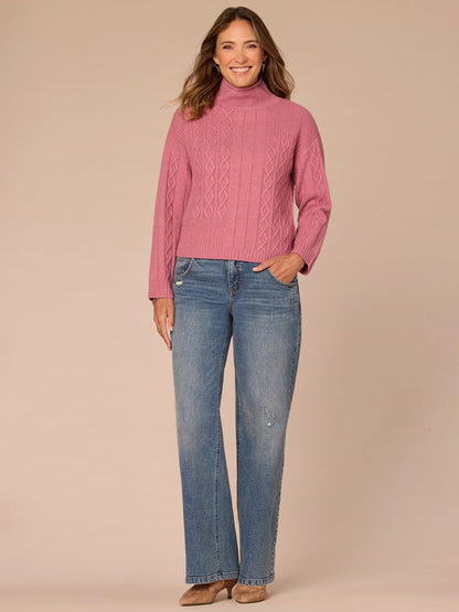 Democracy Clothing Long Sleeve Mock Neck Patchwork Cable Stitch Petite Sweater - Blanched Almond|Mystic Mauve|Mauve Shadows