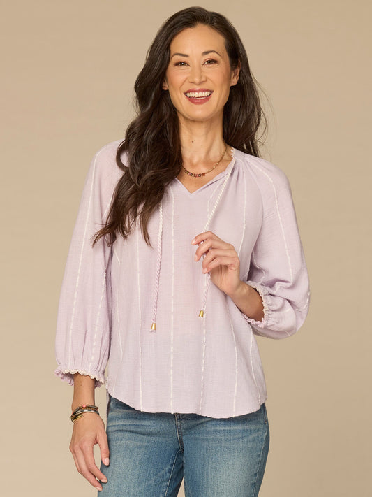 Democracy Clothing Three Quarter Blouson Sleeve Split Neck Crochet Petite Woven Top - Lavender Haze
