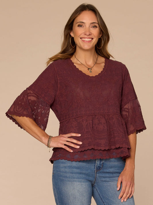 Democracy Clothing Bell Sleeve Scoop Neck Double Flounce Peplum Petite Hem Woven Top - Fig Jam|Horizon Blue|Dusty Papaya|Jungle Moss|Green Tea|White