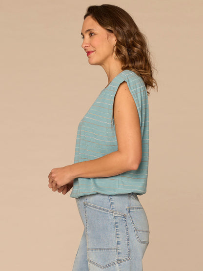 Democracy Clothing Extended Origami Cap Sleeve Scoop Neck Metallic Stripe Knit Top - Aqua Haze|Biscotti