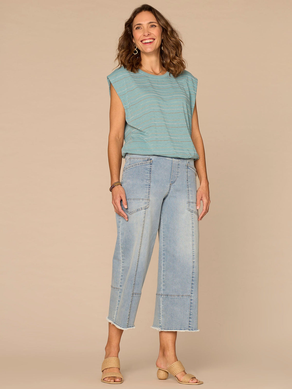 Democracy Clothing Extended Origami Cap Sleeve Scoop Neck Metallic Stripe Knit Top - Aqua Haze|Biscotti