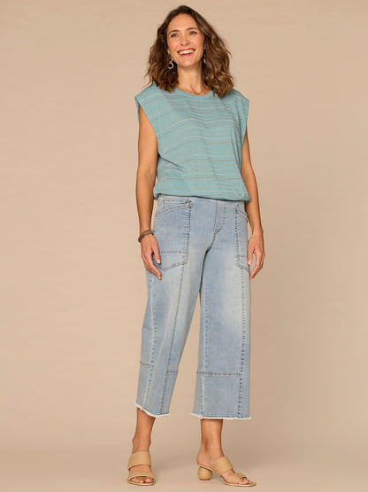 Democracy Clothing Extended Origami Cap Sleeve Scoop Neck Metallic Stripe Knit Top - Aqua Haze|Biscotti
