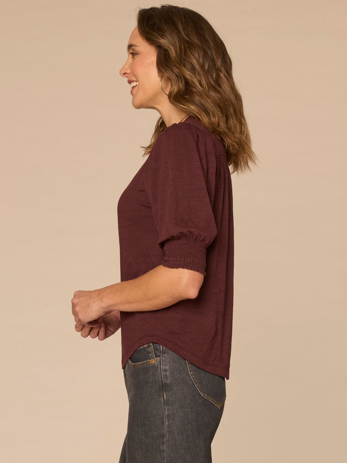 Democracy Clothing Elbow Blouson Sleeve Scallop V-Neck Smocked Knit Top - Heather Dusty Papaya|Heather Lily Pad|Heather Cherry Chocolate