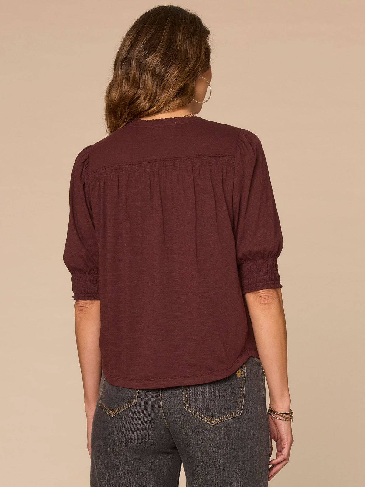 Democracy Clothing Elbow Blouson Sleeve Scallop V-Neck Smocked Knit Top - Heather Dusty Papaya|Heather Lily Pad|Heather Cherry Chocolate