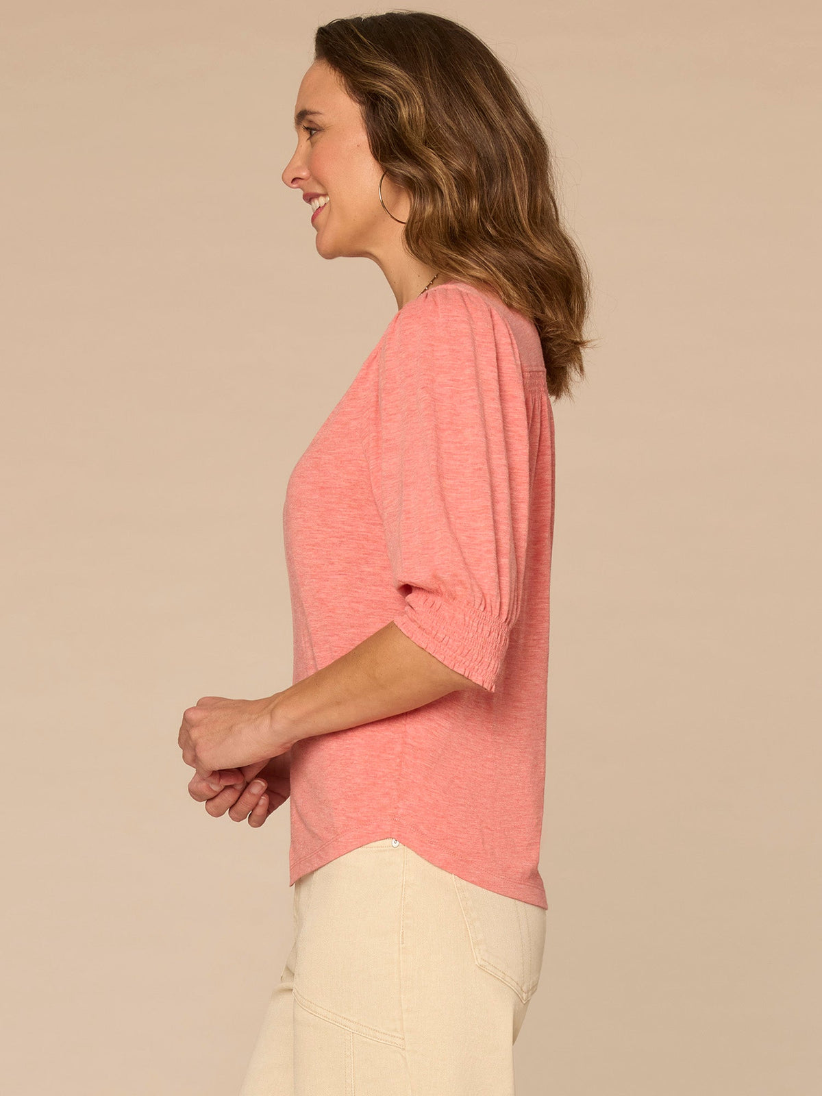 Democracy Clothing Elbow Blouson Sleeve Scallop V-Neck Smocked Knit Top - Heather Dusty Papaya|Heather Lily Pad|Heather Cherry Chocolate