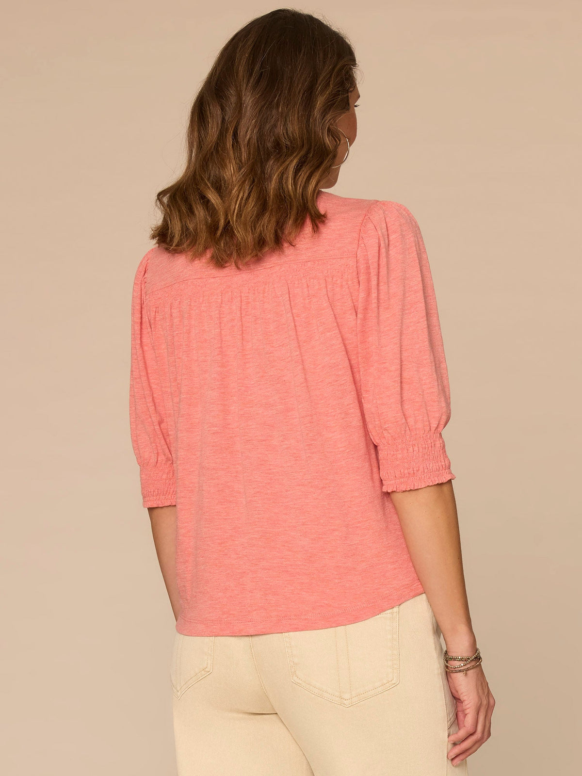 Democracy Clothing Elbow Blouson Sleeve Scallop V-Neck Smocked Knit Top - Heather Dusty Papaya|Heather Lily Pad|Heather Cherry Chocolate