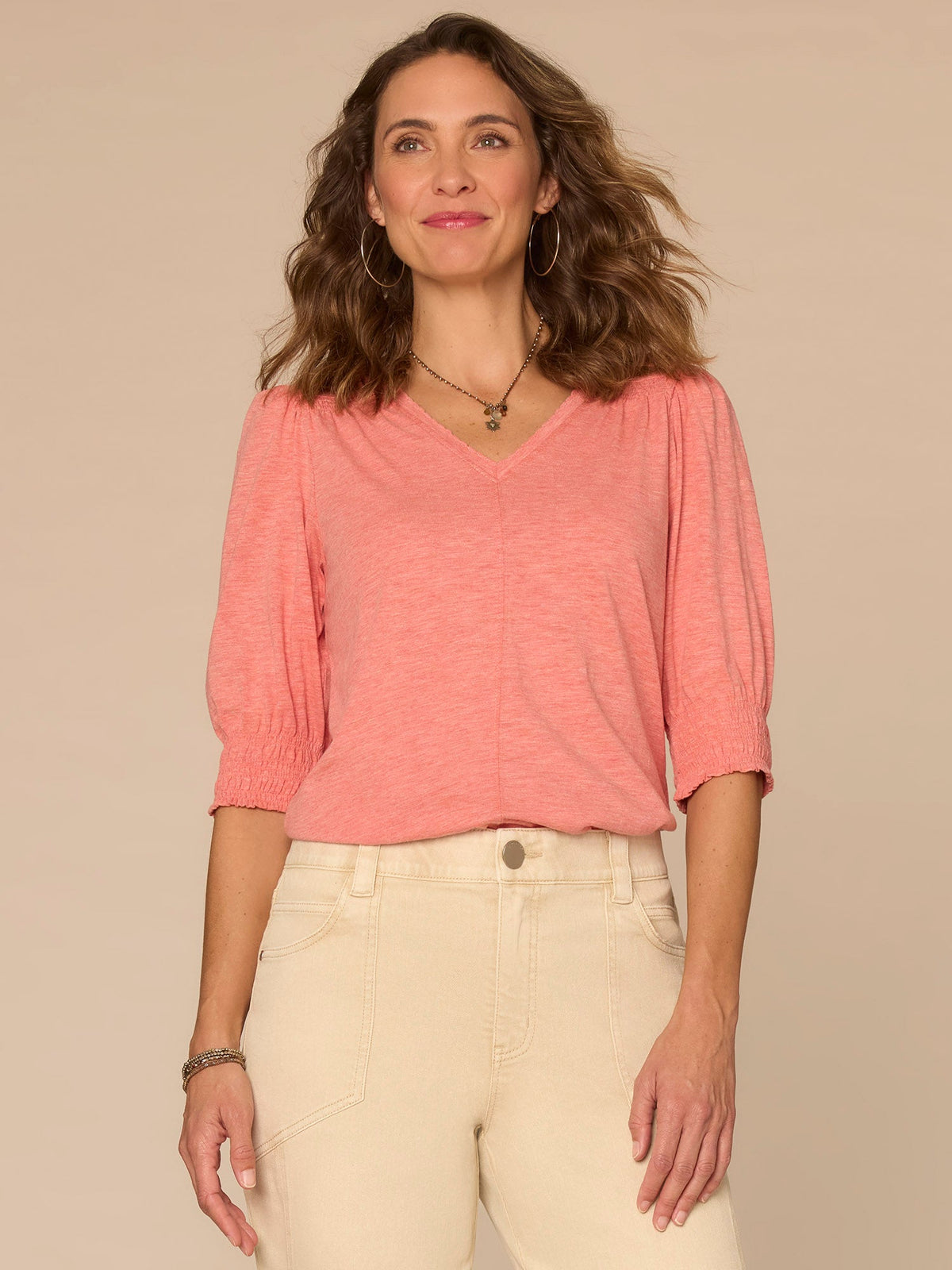Democracy Clothing Elbow Blouson Sleeve Scallop V-Neck Smocked Knit Top - Heather Dusty Papaya|Heather Lily Pad|Heather Cherry Chocolate