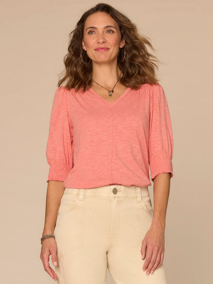 Democracy Clothing Elbow Blouson Sleeve Scallop V-Neck Smocked Knit Top - Heather Dusty Papaya|Heather Lily Pad|Heather Cherry Chocolate