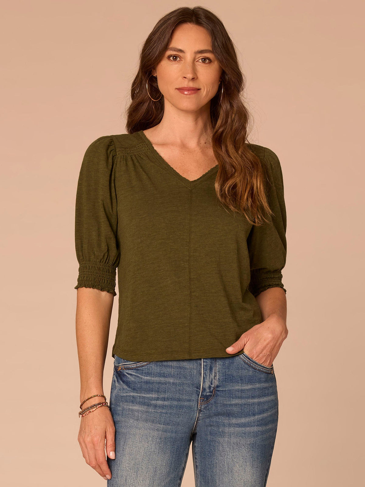 Democracy Clothing Elbow Blouson Sleeve Scallop V-Neck Smocked Knit Top - Heather Dusty Papaya|Heather Lily Pad|Heather Cherry Chocolate