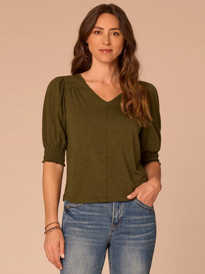 Democracy Clothing Elbow Blouson Sleeve Scallop V-Neck Smocked Knit Top - Heather Dusty Papaya|Heather Lily Pad|Heather Cherry Chocolate