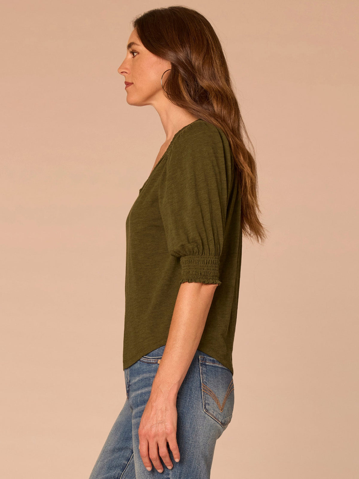 Democracy Clothing Elbow Blouson Sleeve Scallop V-Neck Smocked Knit Top - Heather Dusty Papaya|Heather Lily Pad|Heather Cherry Chocolate