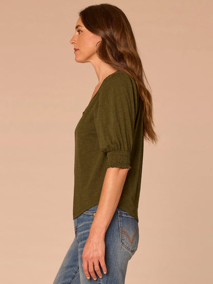 Democracy Clothing Elbow Blouson Sleeve Scallop V-Neck Smocked Knit Top - Heather Dusty Papaya|Heather Lily Pad|Heather Cherry Chocolate