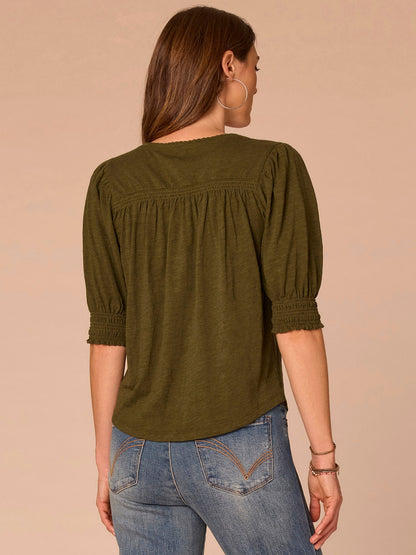Democracy Clothing Elbow Blouson Sleeve Scallop V-Neck Smocked Knit Top - Heather Dusty Papaya|Heather Lily Pad|Heather Cherry Chocolate