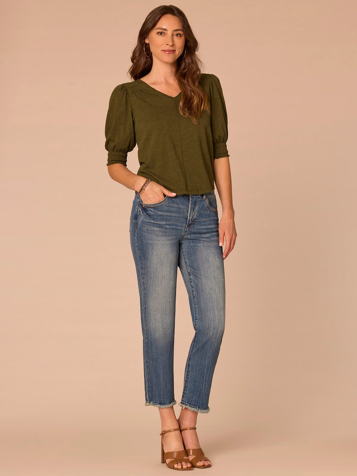 Democracy Clothing Elbow Blouson Sleeve Scallop V-Neck Smocked Knit Top - Heather Dusty Papaya|Heather Lily Pad|Heather Cherry Chocolate