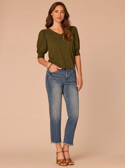 Democracy Clothing Elbow Blouson Sleeve Scallop V-Neck Smocked Knit Top - Heather Dusty Papaya|Heather Lily Pad|Heather Cherry Chocolate