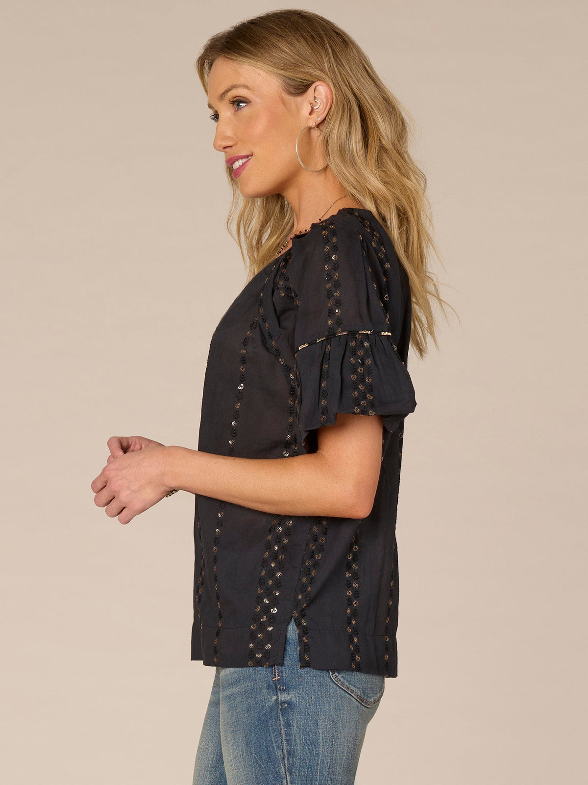 Democracy Clothing Short Bubble Sleeve Spliced V-Neck Embroidered Woven Top - Cherry Chocolate|Wild Mulberry|Black|Ecru|Rolling Hill Green